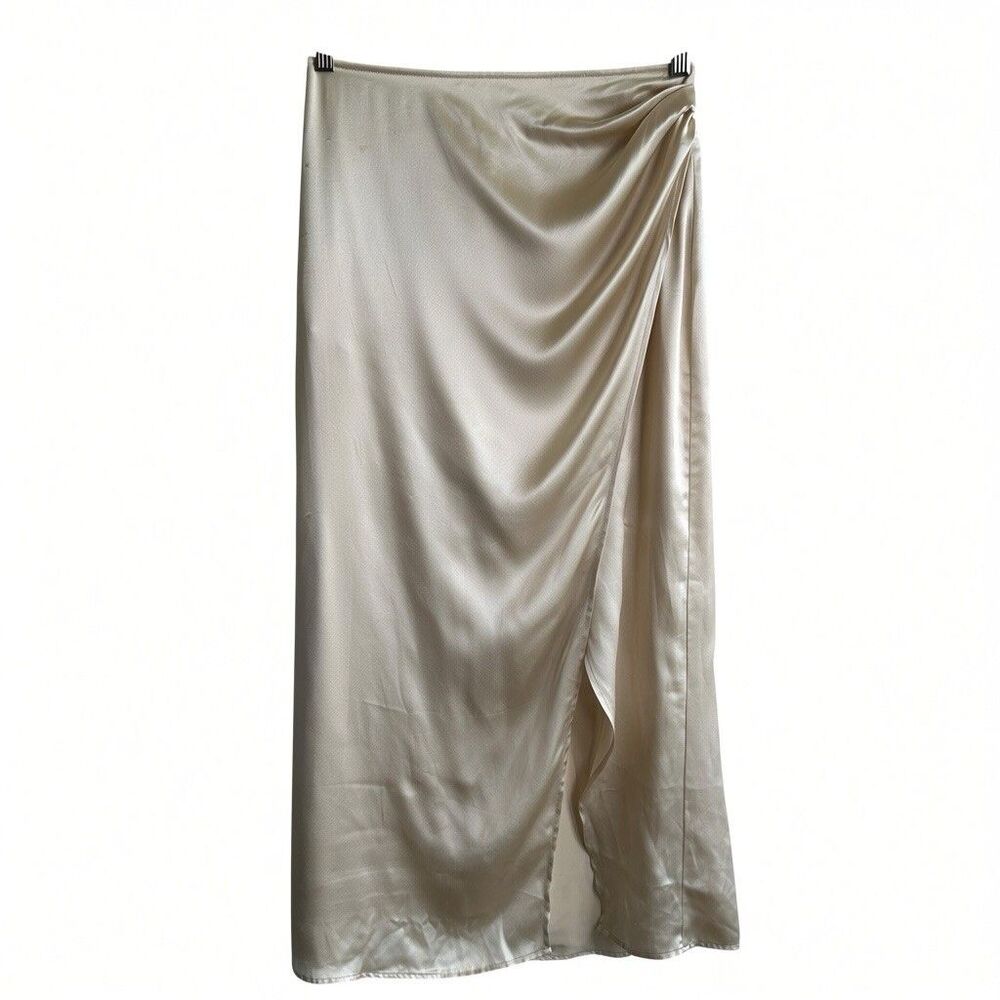 Reformation Silk Midi Skirt Sz 4 Satin Beige Gathered High Slit Fluid Silhouette